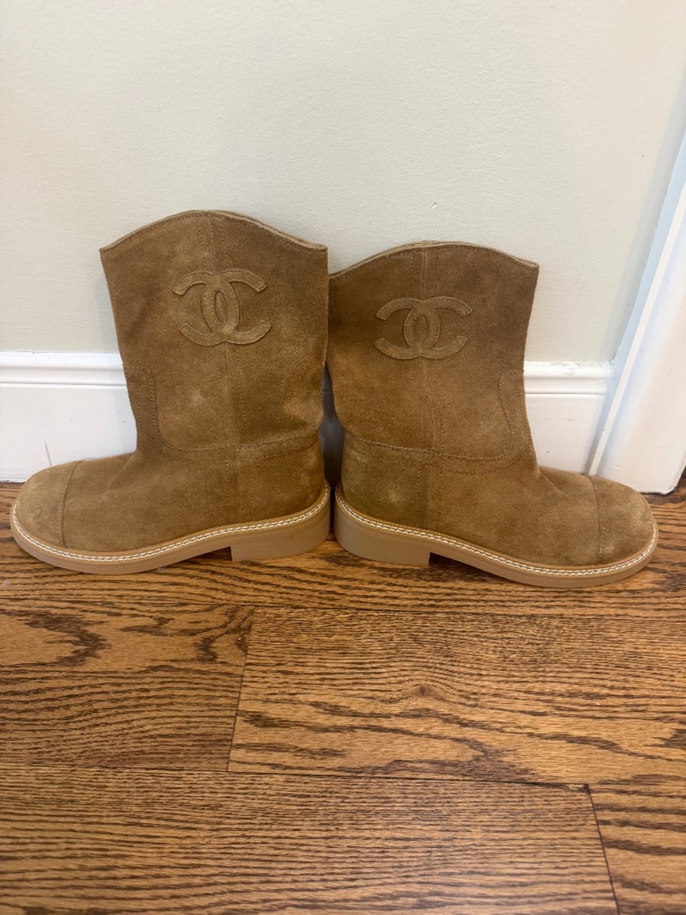 Chanel Brown Suede Logo Ankle Boots
